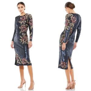 NWT Mac Duggal Sequined Asymmetrical Floral Long Sleeve Midi Dress 93624